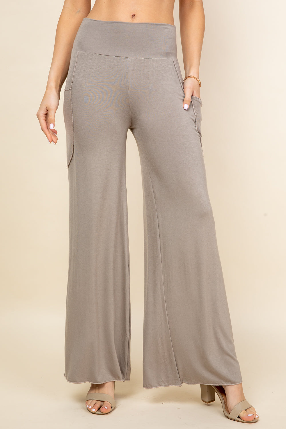 Front view of woman wearing mocha palazzo wide leg pants – flowy lounge style, made in USA