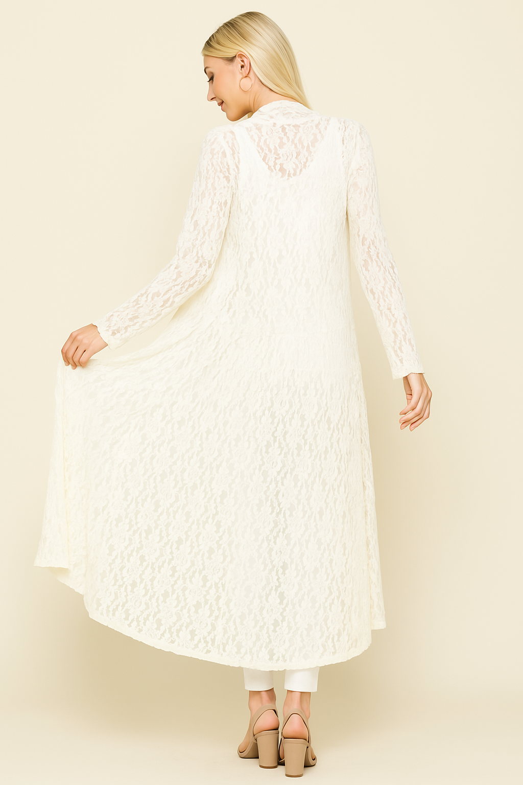 Side view of white long lace duster for women – flowy and feminine