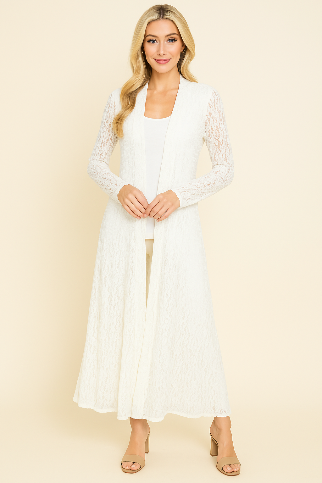 Front view of woman wearing white long pucker lace jacket – boho style, made in USA