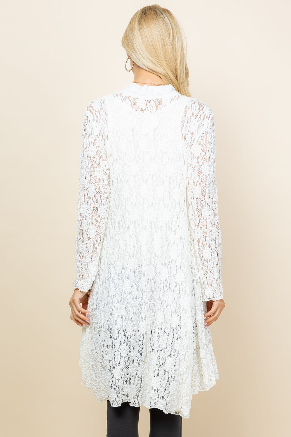 Back view of White short pucker lace jacket – long flowy boho cardigan