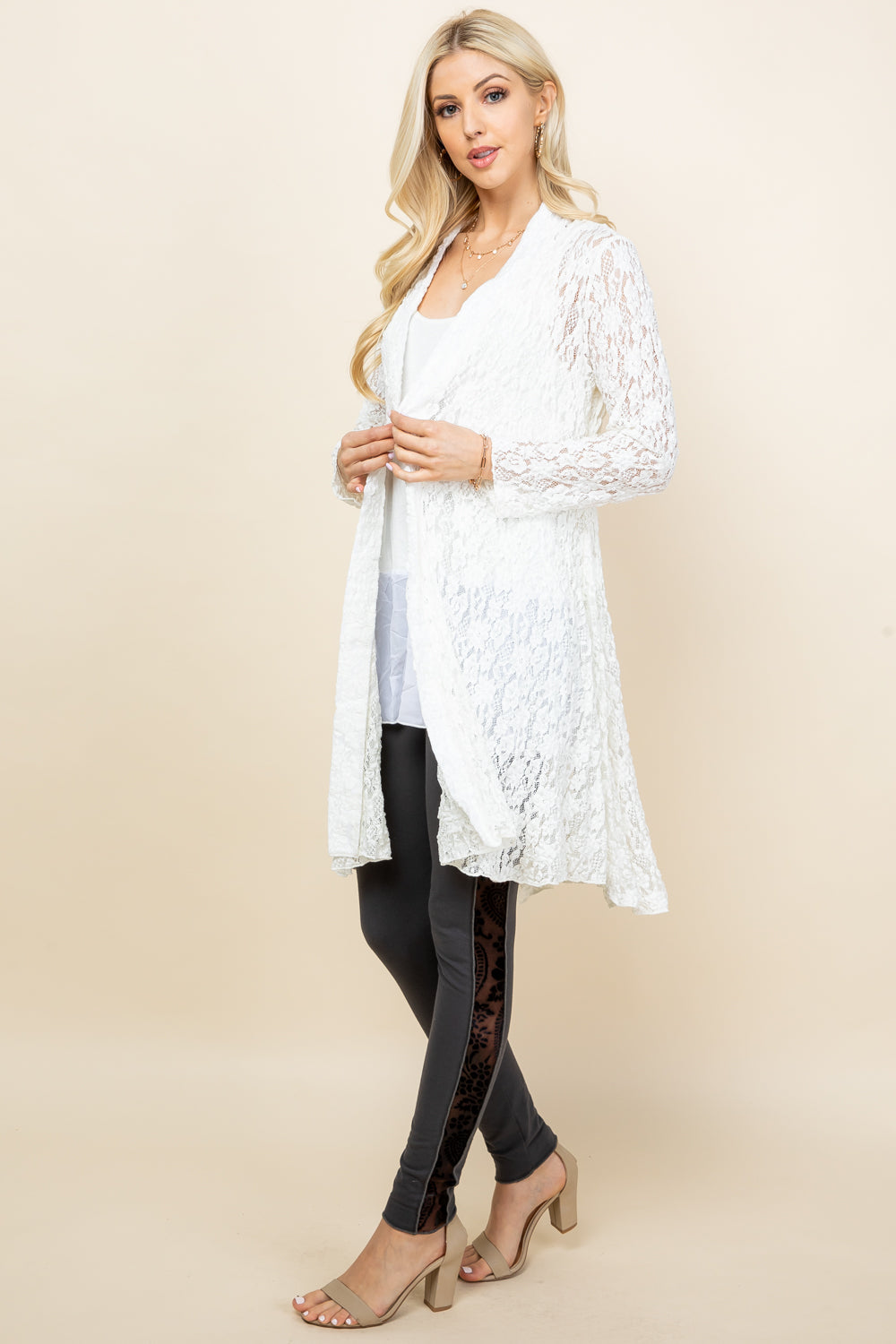 Side view of white short lace duster for women – flowy and feminine