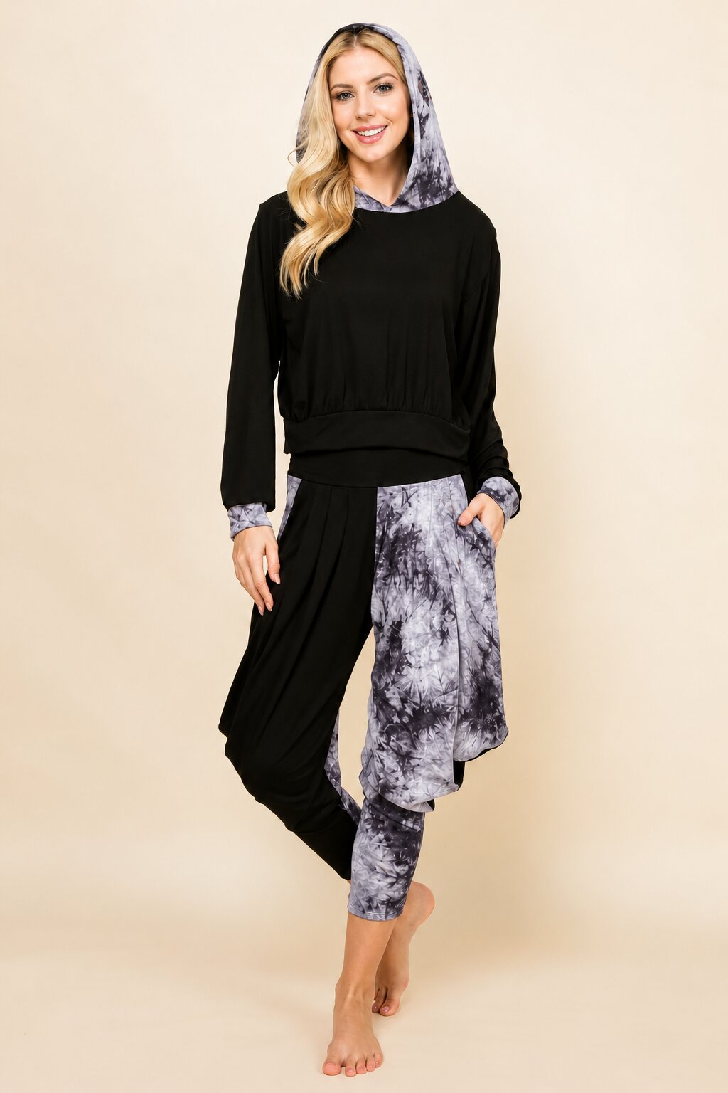 Black Cloud Patchwork Cropped Hoodie – Soft Lounge Hoodie for Women | Made in USA