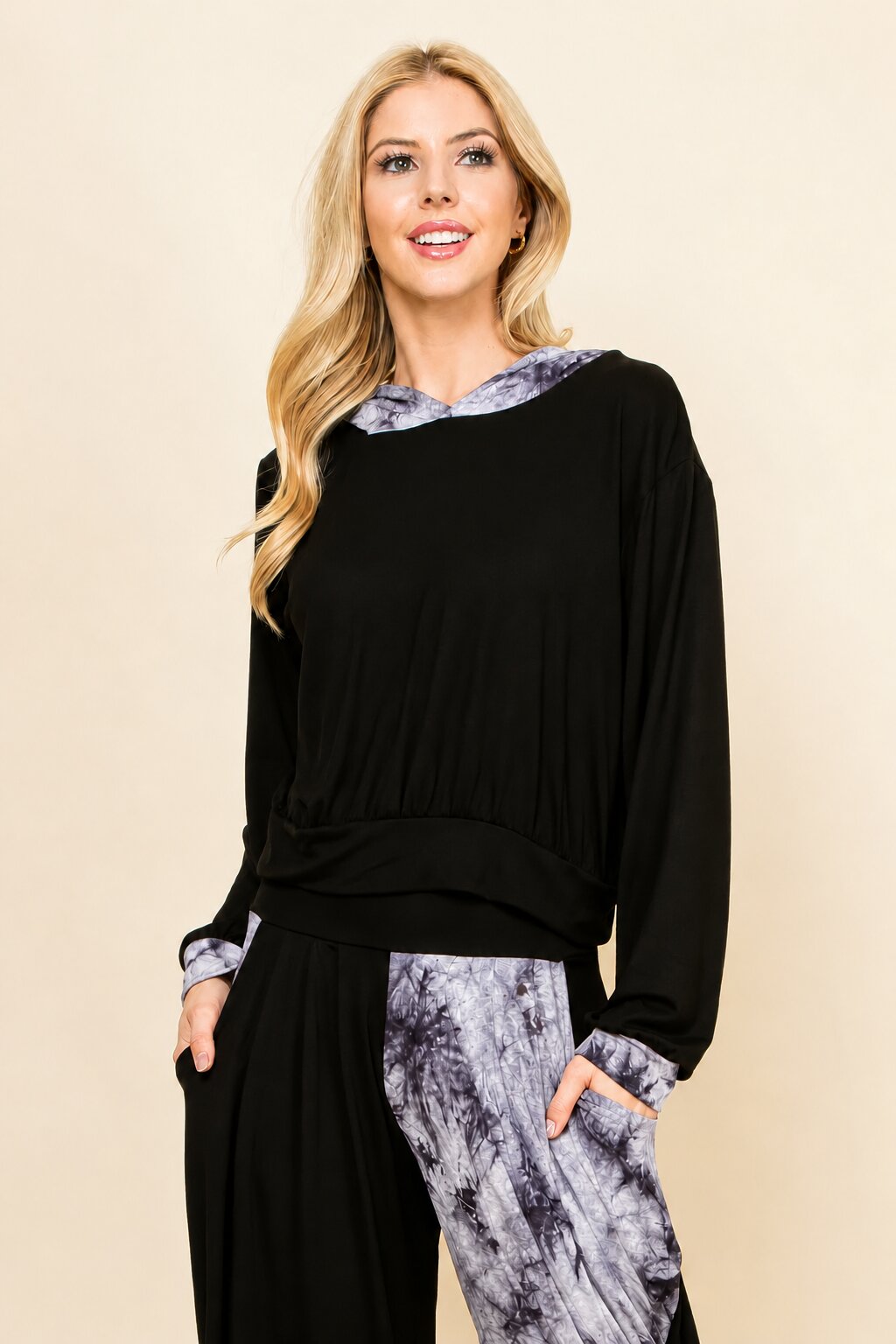 Black Cloud Patchwork Cropped Hoodie – Soft Lounge Hoodie for Women | Made in USA