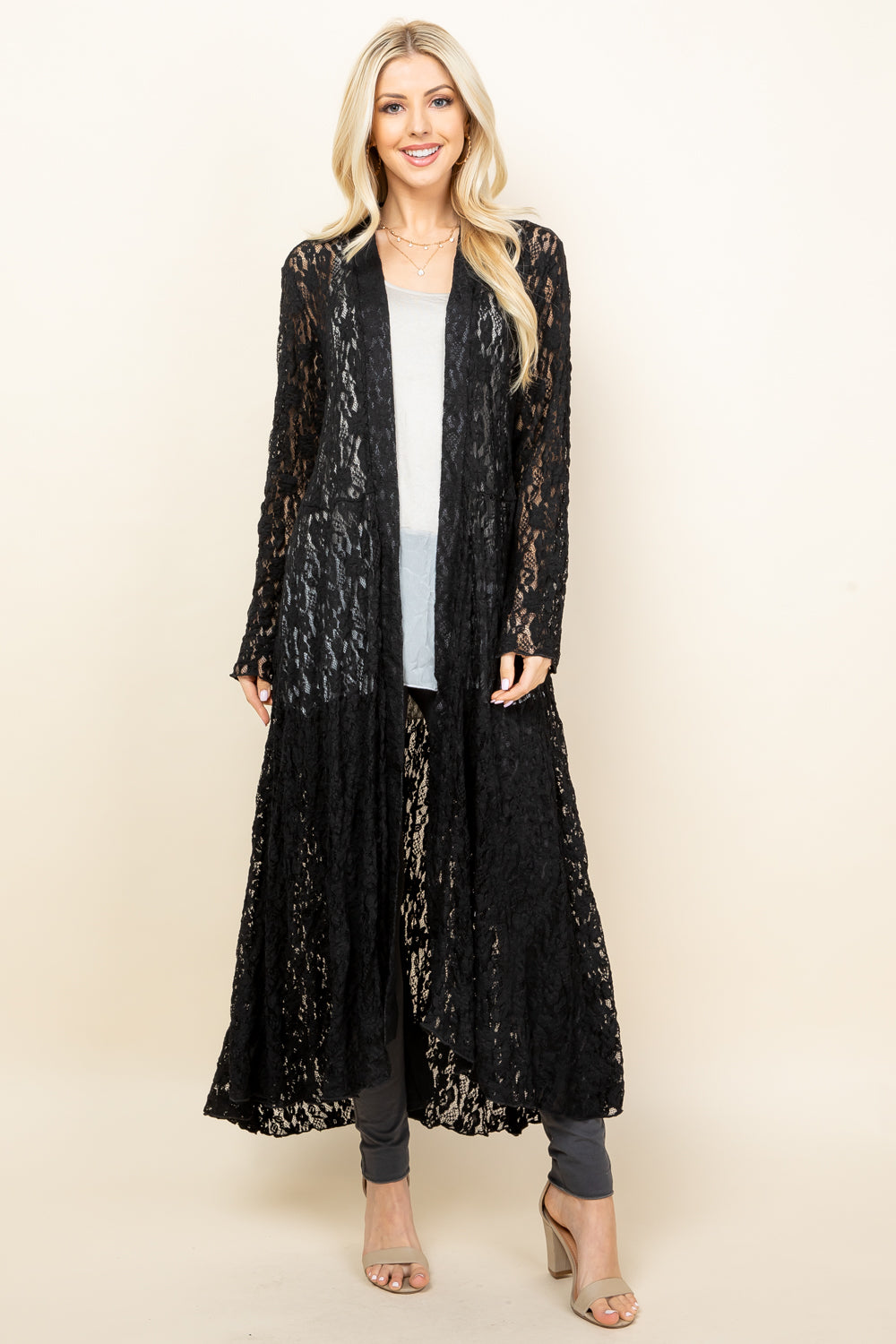 Pucker Lace Long Jacket - Black