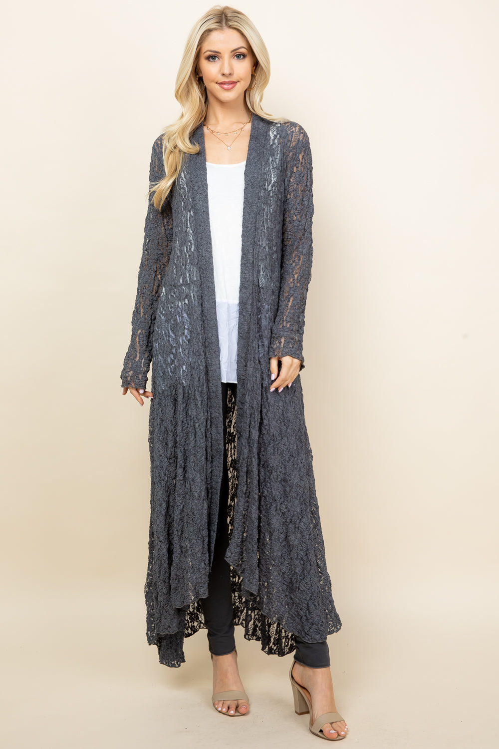 Pucker Lace Long Jacket - Charcoal