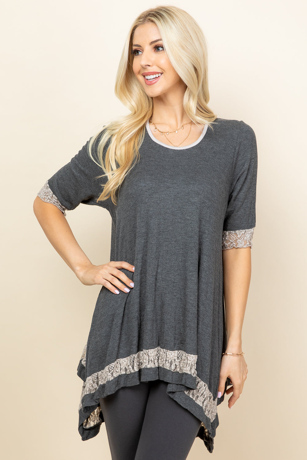 Lace Trim Tunic Top - Charcoal Waffle Knit