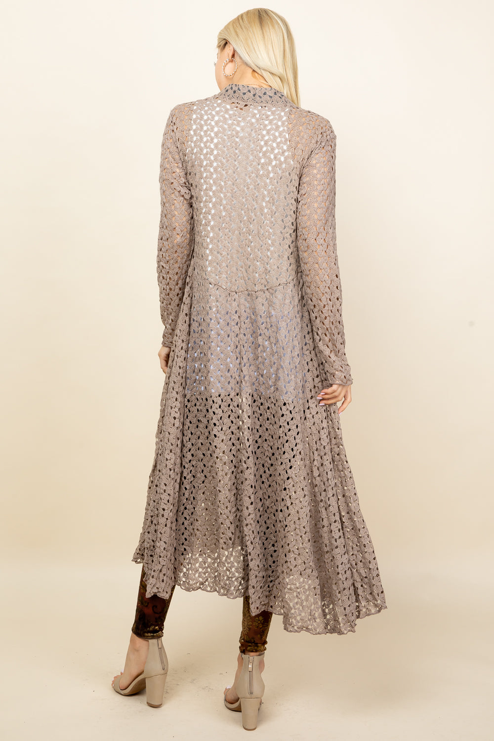 Back view of mocha crochet lace duster – long and feminine, made in Los Angeles