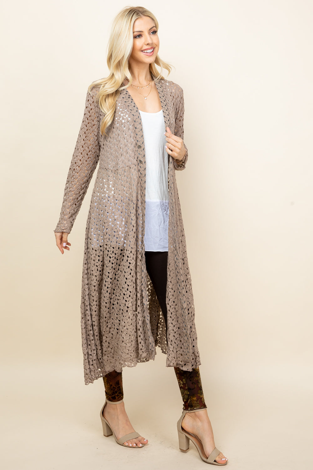 Side view of mocha long lace jacket – flowy crochet women&