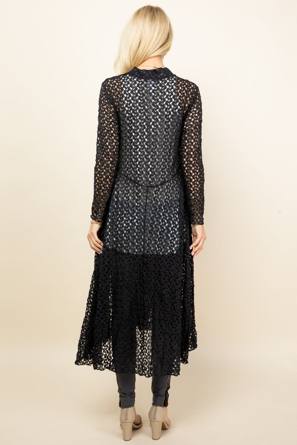 Back view of black crochet lace duster – long and feminine, made in Los Angeles