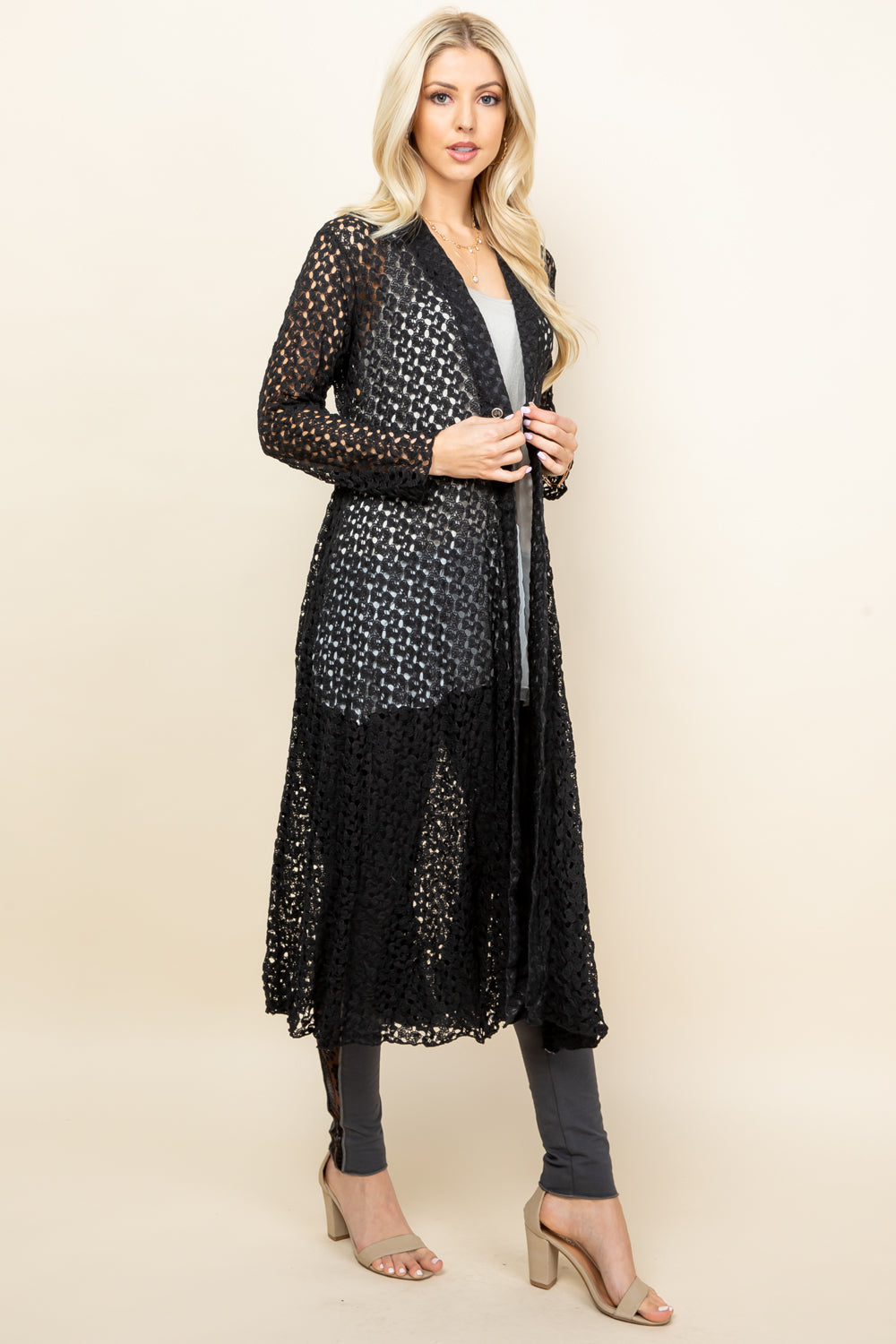 Side view of black long lace jacket – flowy crochet women&