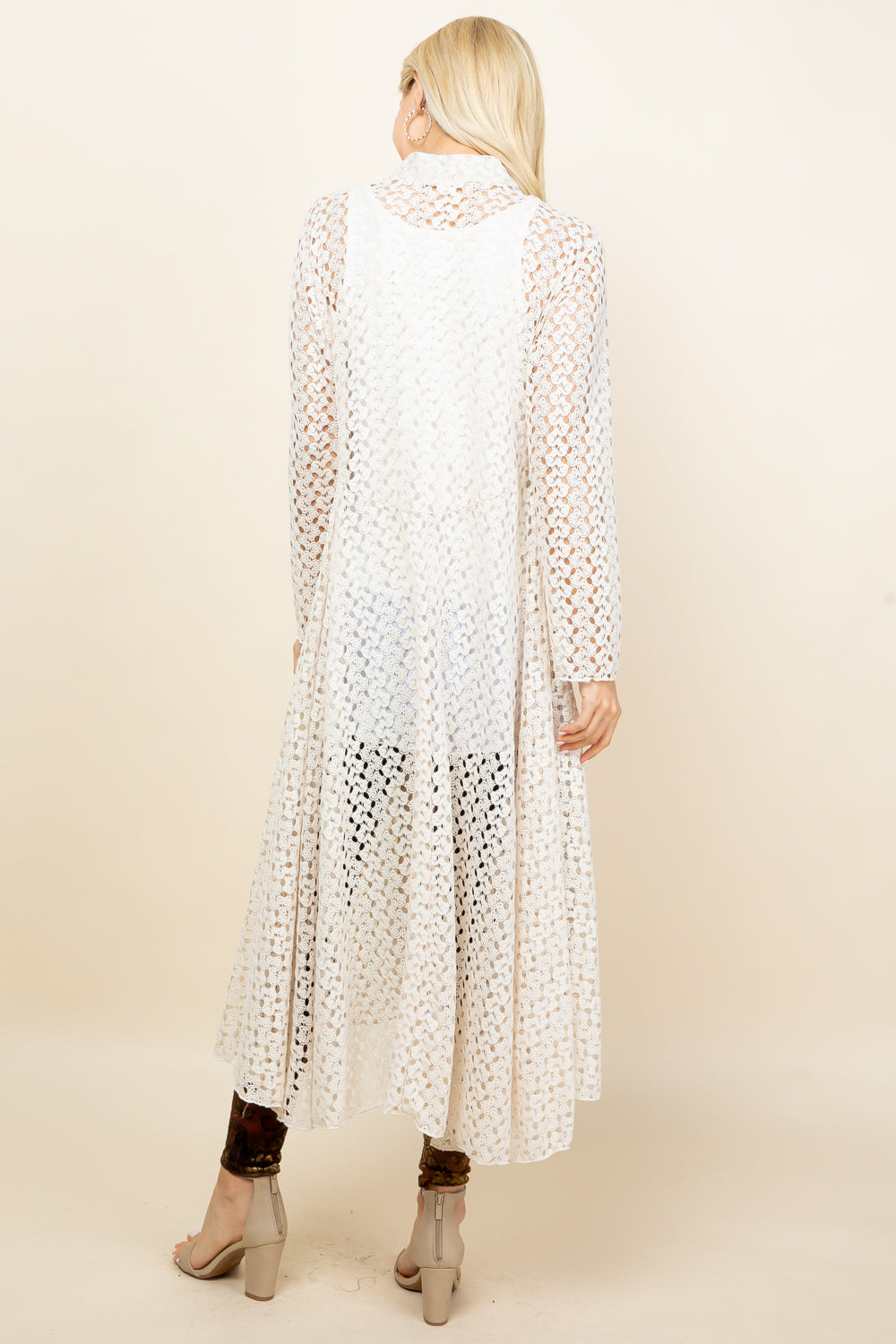Back view of ivory crochet lace duster – long and feminine, made in Los Angeles