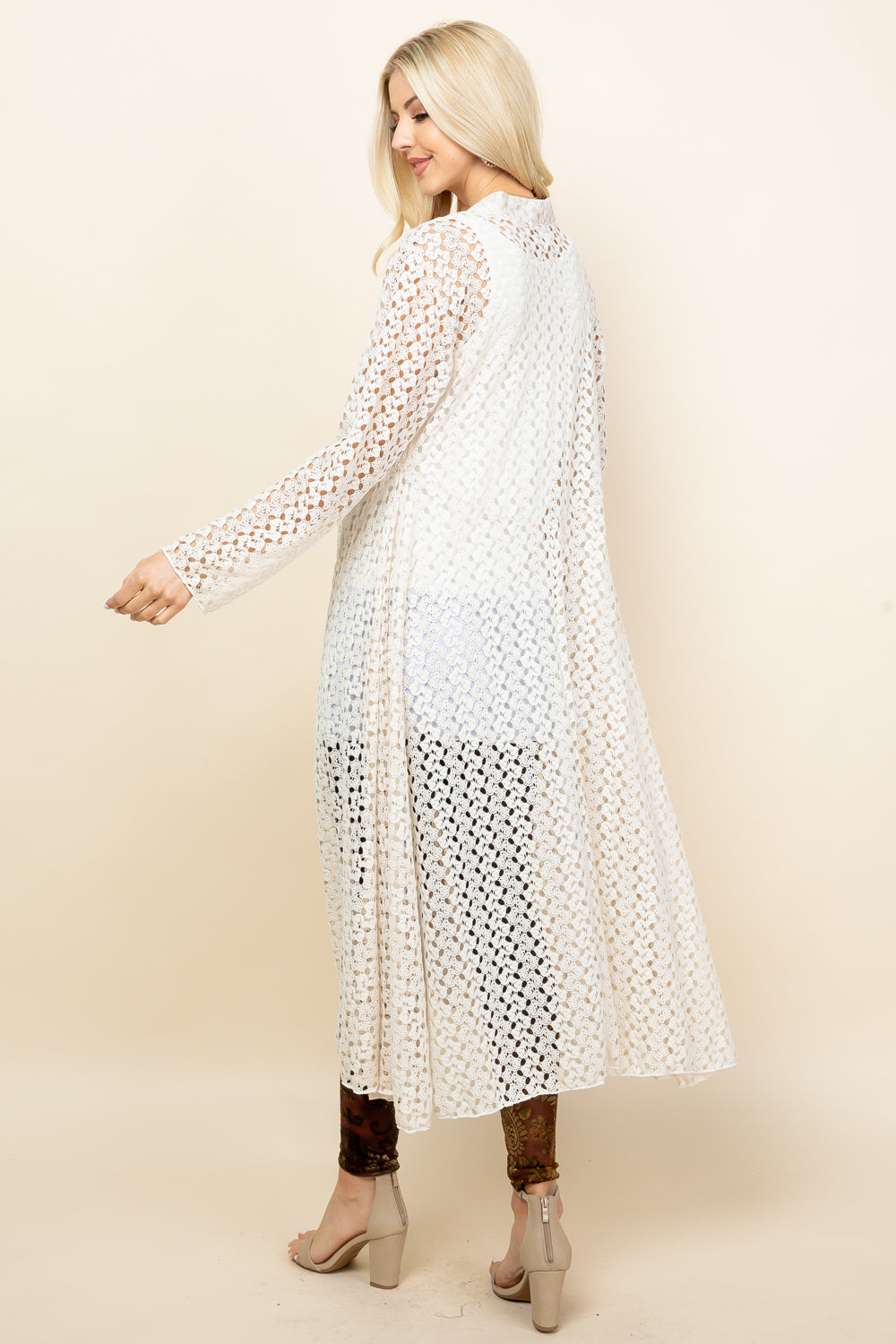 Side view of ivory long lace jacket – flowy crochet women&