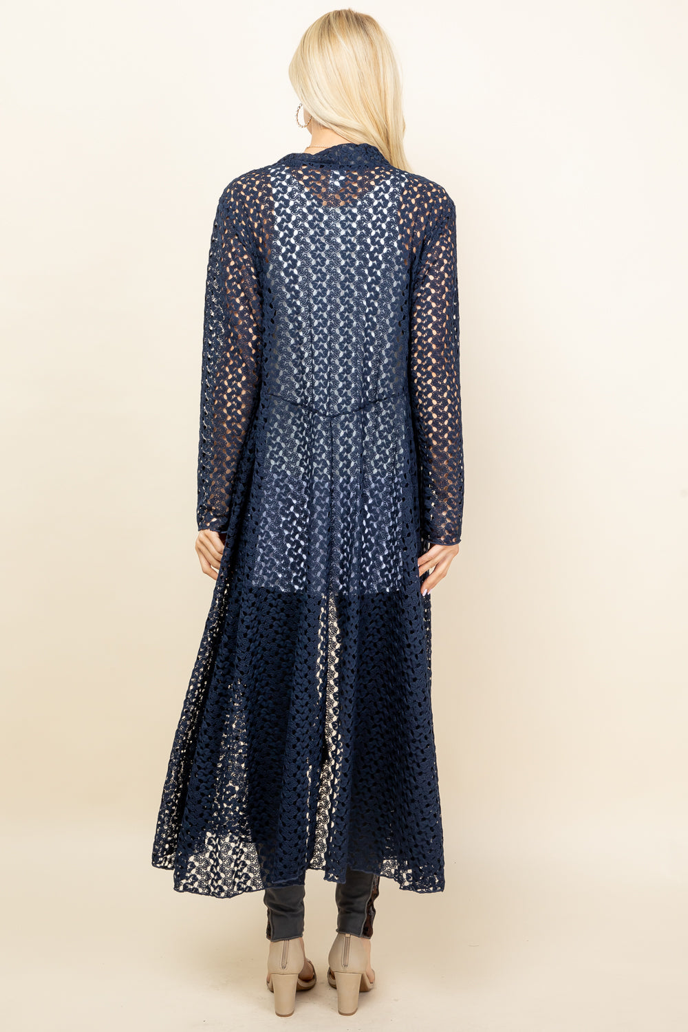 Back view of navy blue crochet lace duster – long and feminine, made in Los Angeles