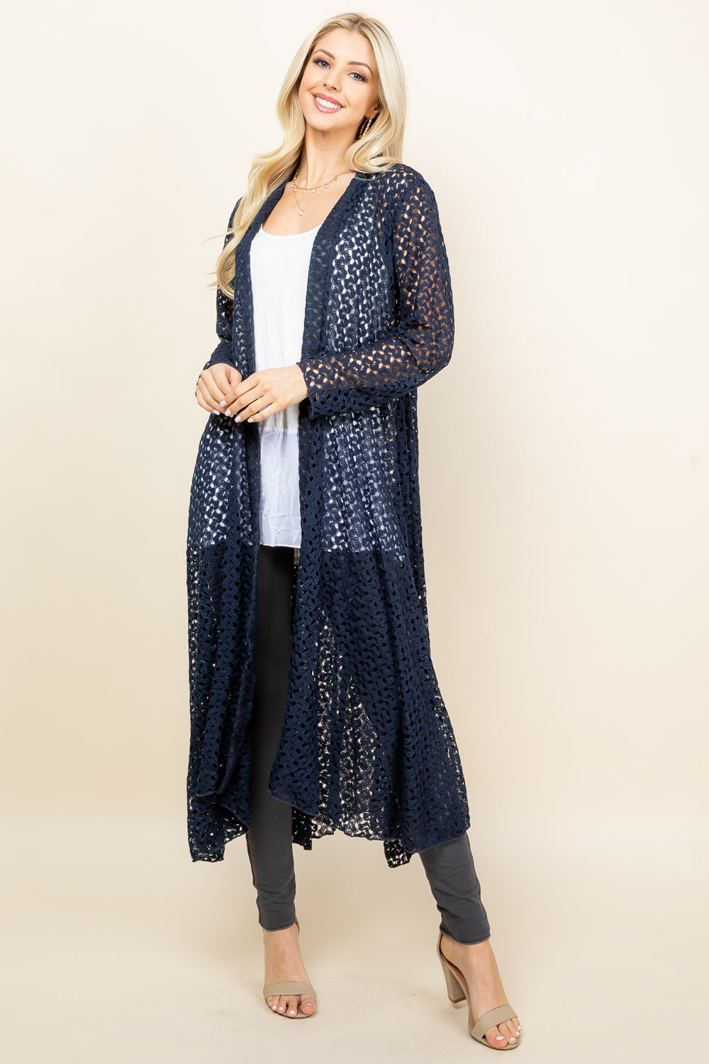 Side view of navy blue long lace jacket – flowy crochet women&