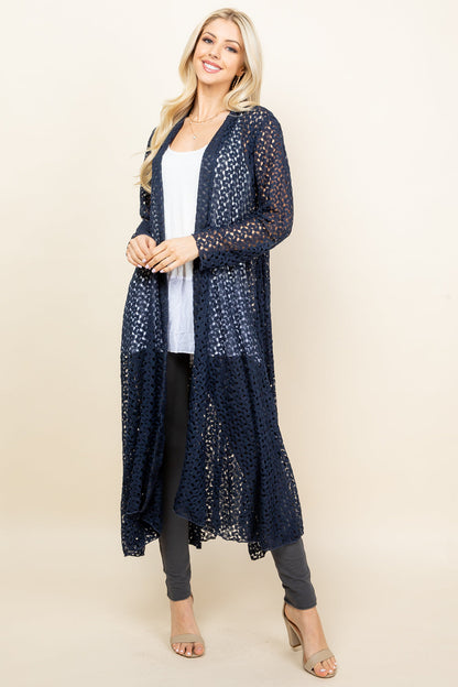 Crochet Lace Long Jacket - Navy Blue