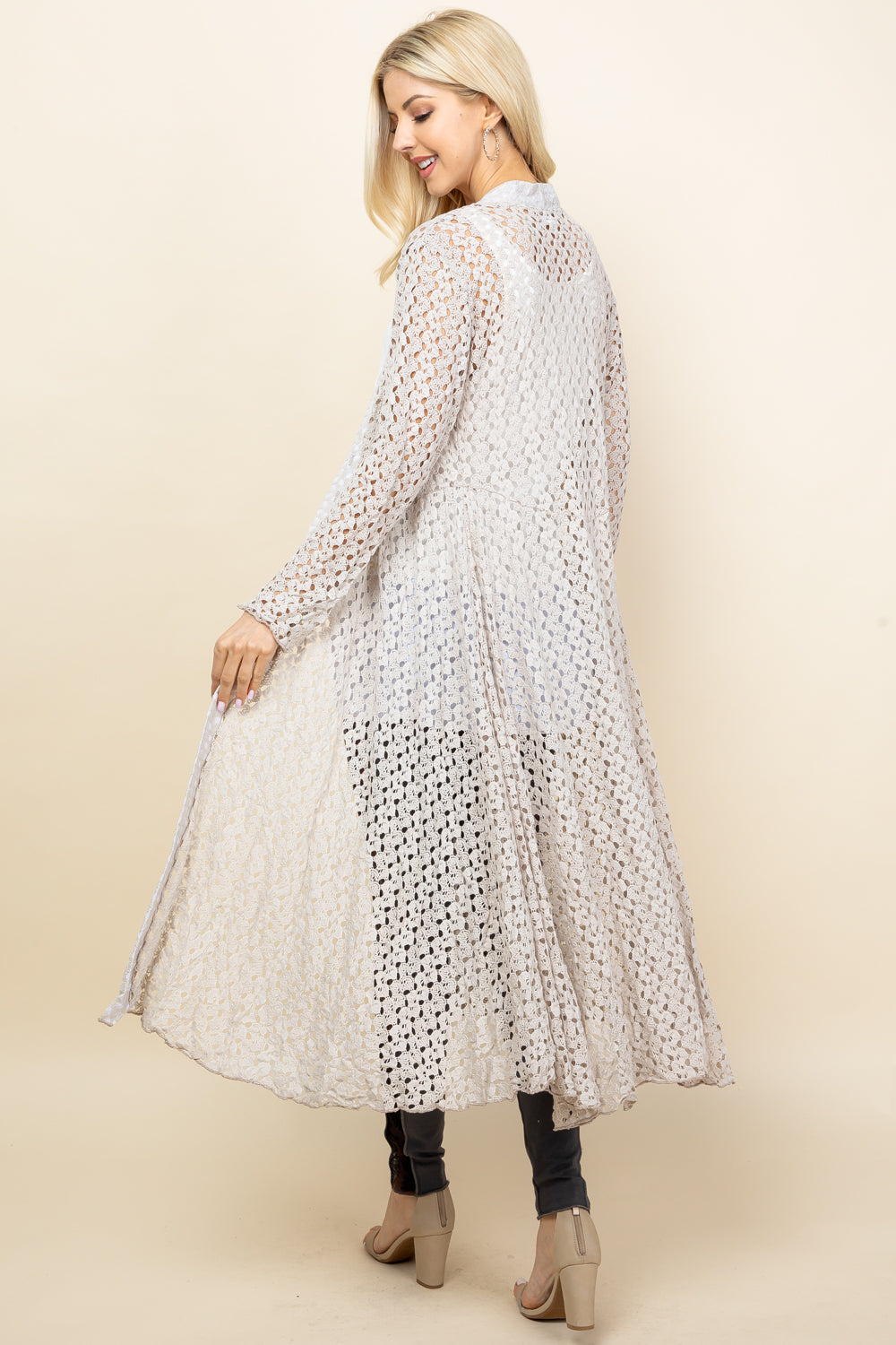 Back view of oatmeal crochet lace duster – long and feminine, made in Los Angeles