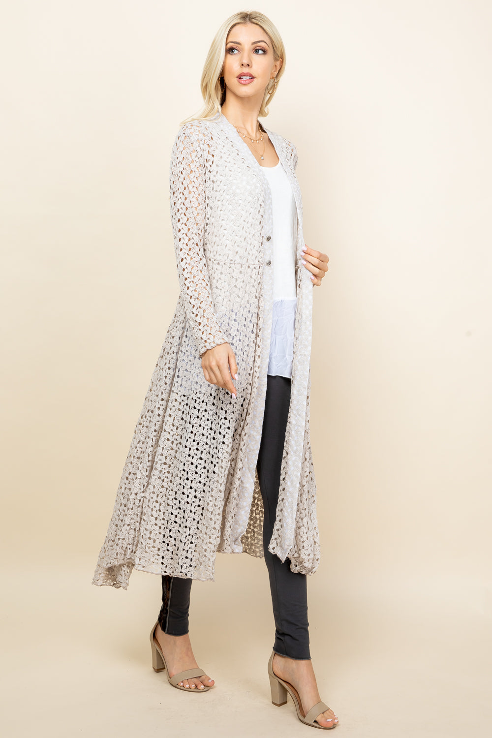 Side view of oatmeal long lace jacket – flowy crochet women&