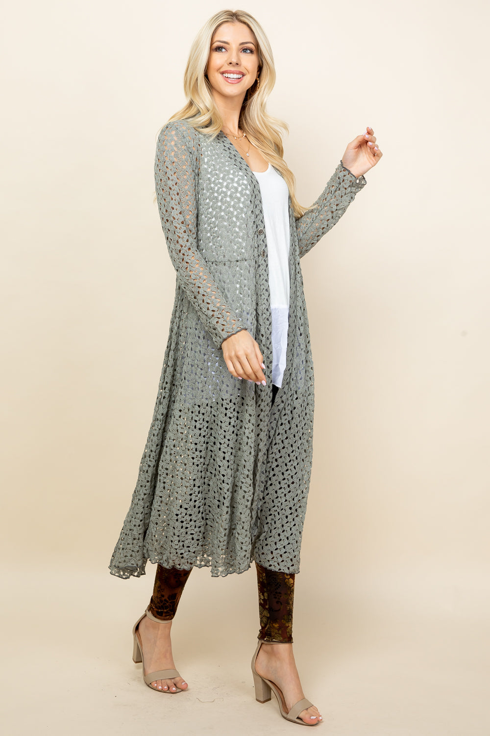 Side view of sage long lace jacket – flowy crochet women&