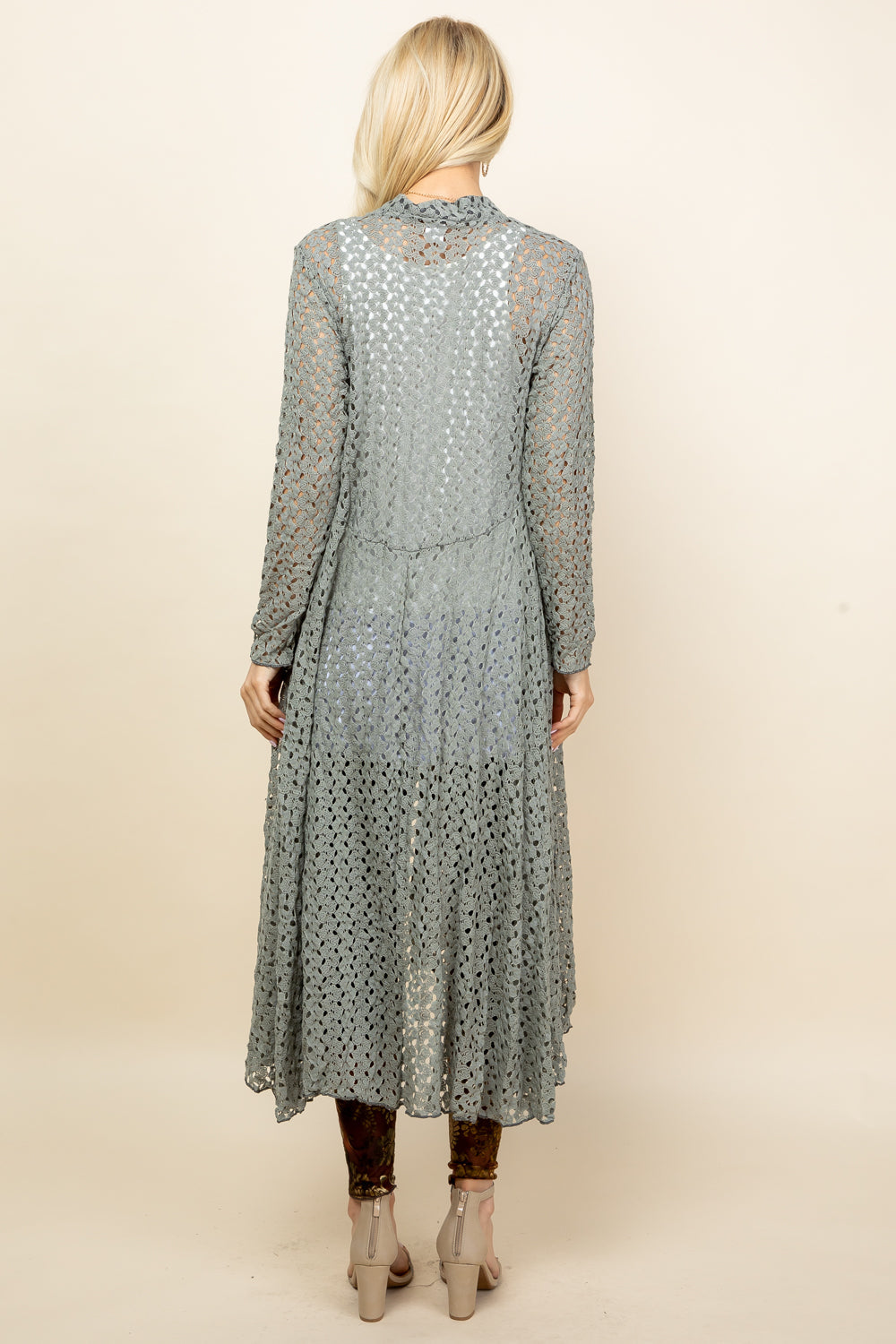 Back view of sage crochet lace duster – long and feminine, made in Los Angeles
