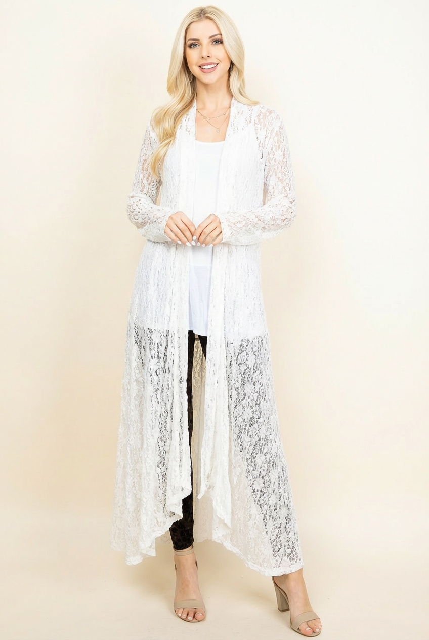 Ivory Lace Long Duster Jacket Full Side