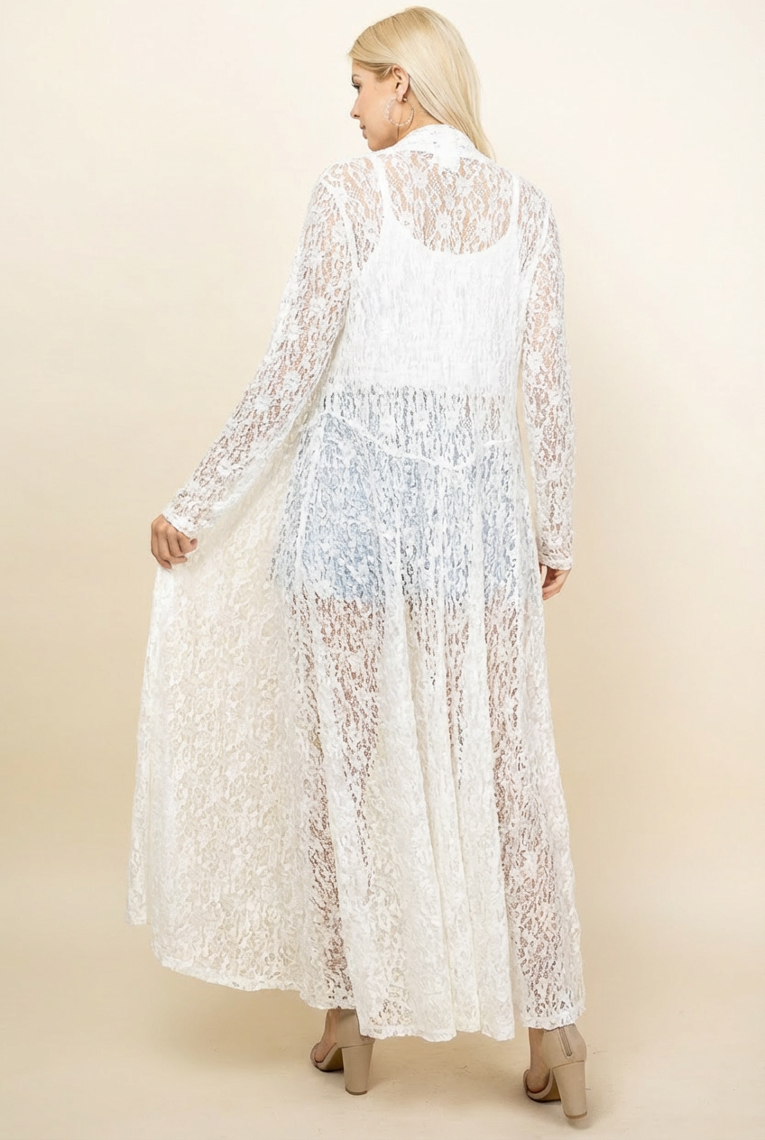 Ivory Long Boho Lace Duster Pucker Jacket | Kooniez Ivory Long Boho Lace Duster Pucker Jacket | Kooniez