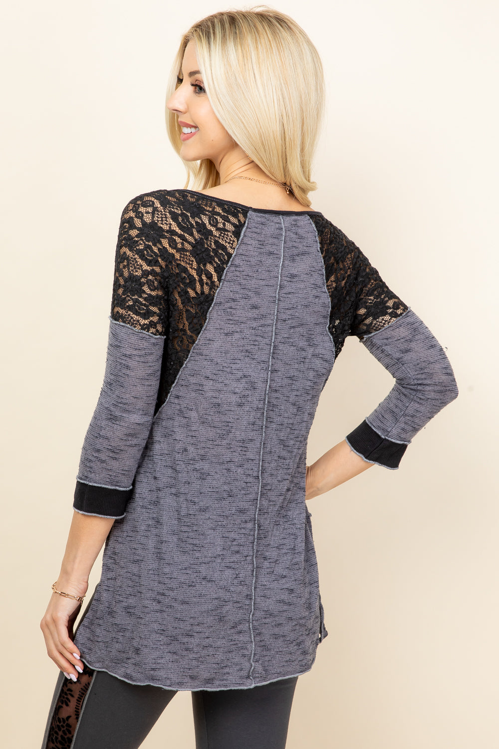 Lace Trim Tunic Top - Charcoal Slub