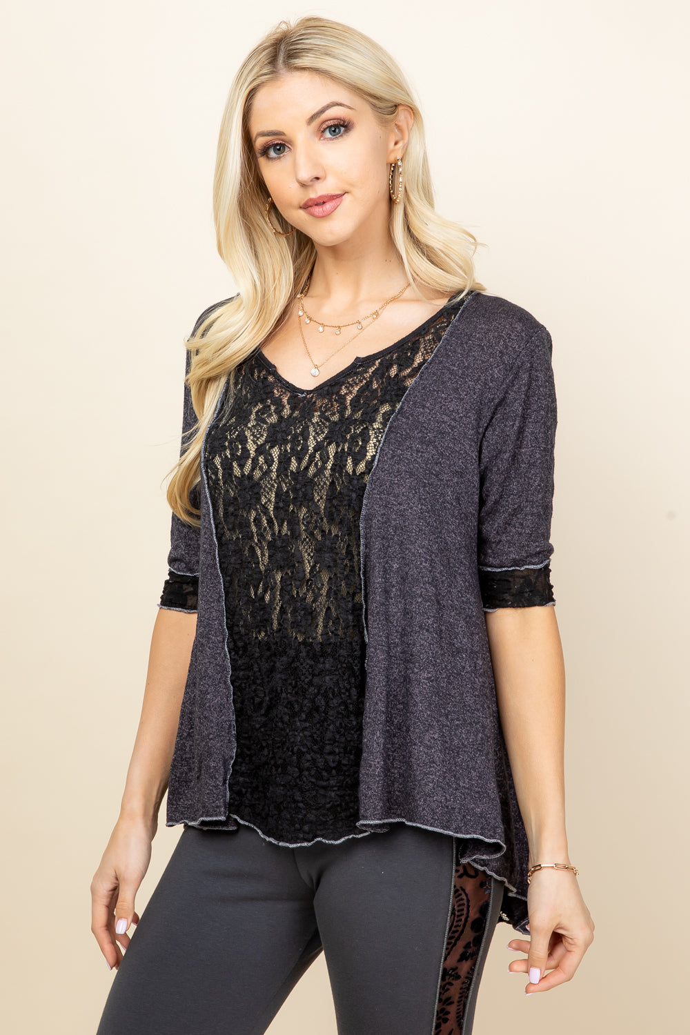 Lace Trim Tunic Top - Charcoal Speck