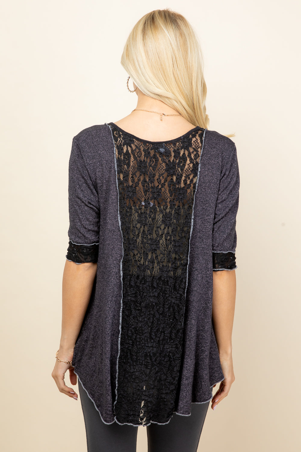Lace Trim Tunic Top - Charcoal Speck