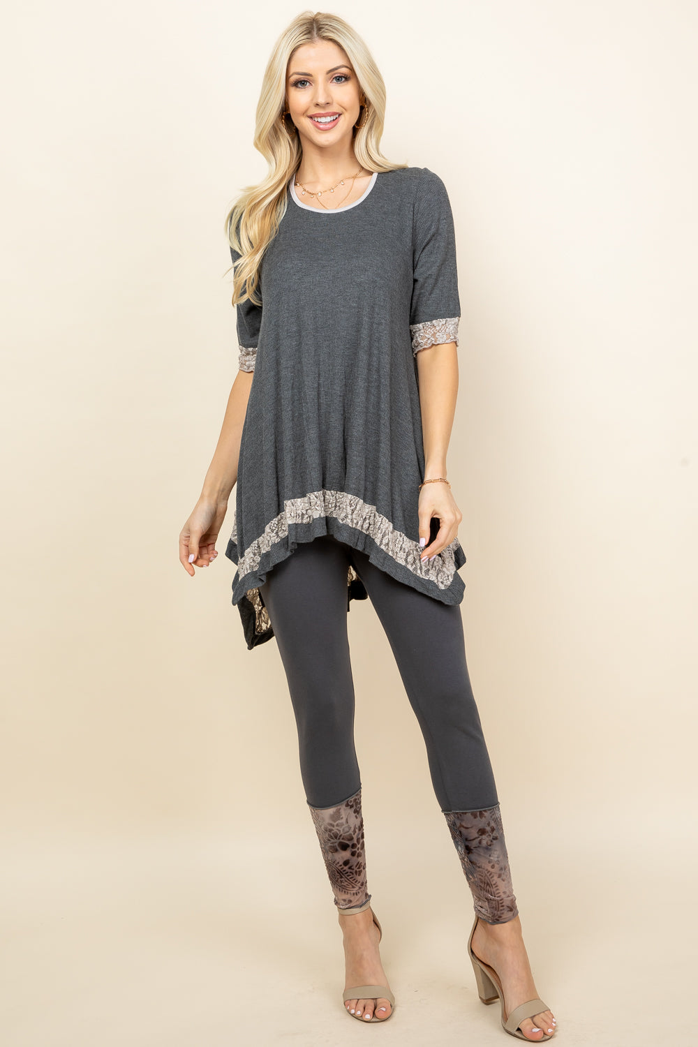 Lace Trim Tunic Top - Charcoal Waffle Knit