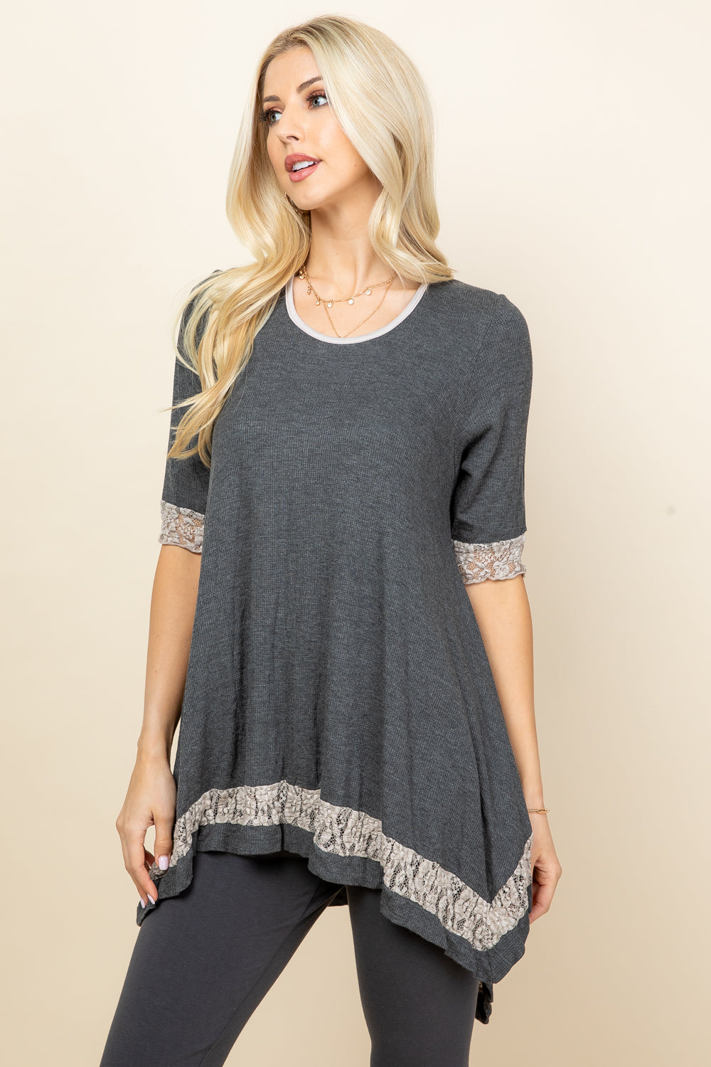 Lace Trim Tunic Top - Charcoal Waffle Knit