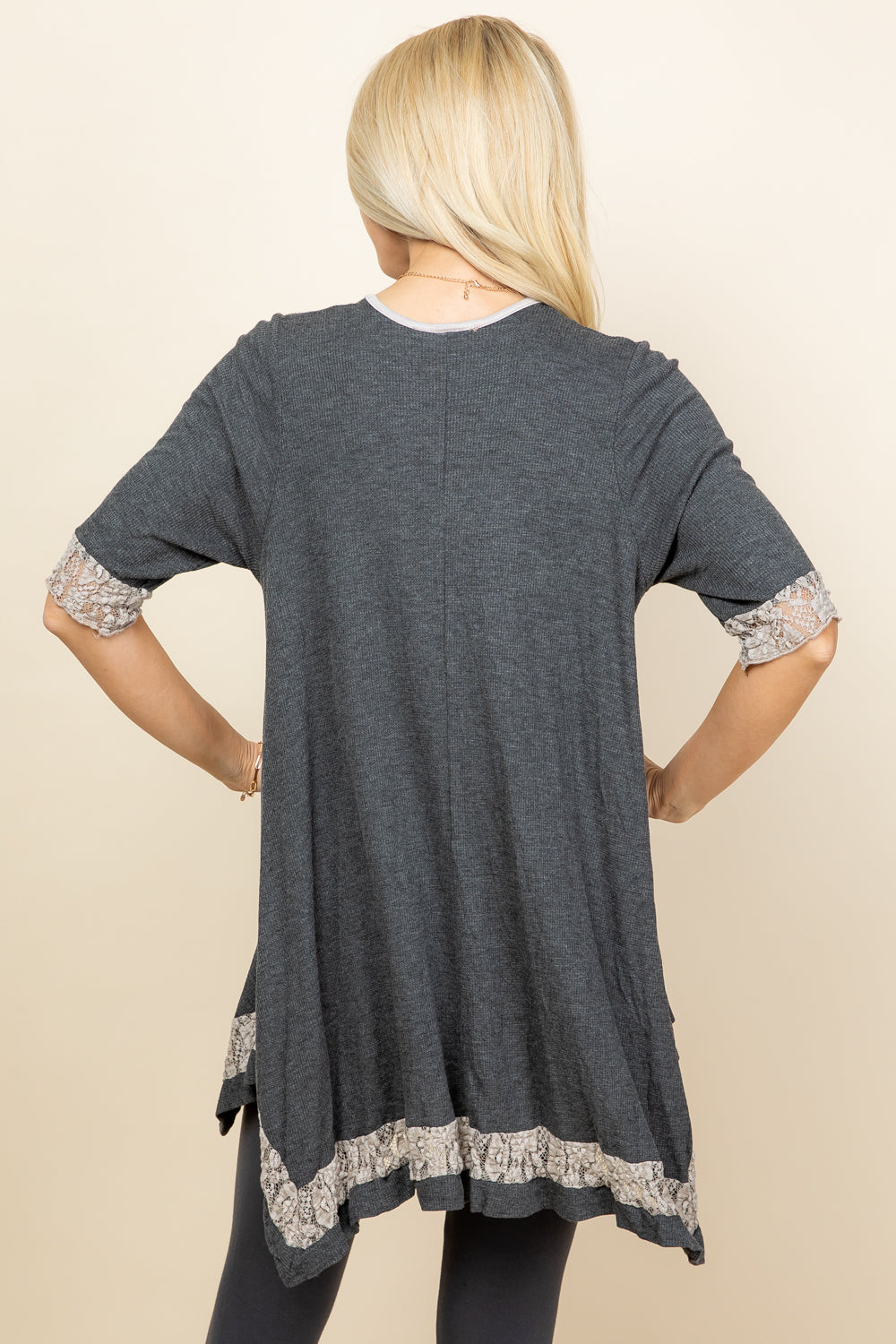 Lace Trim Tunic Top - Charcoal Waffle Knit