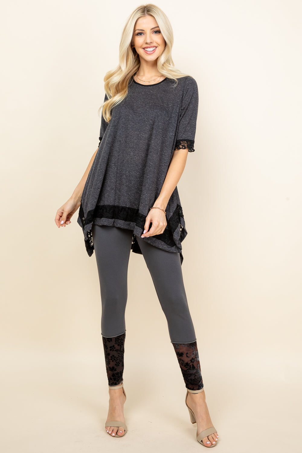 Lace Trim Tunic Top - Dark Heather