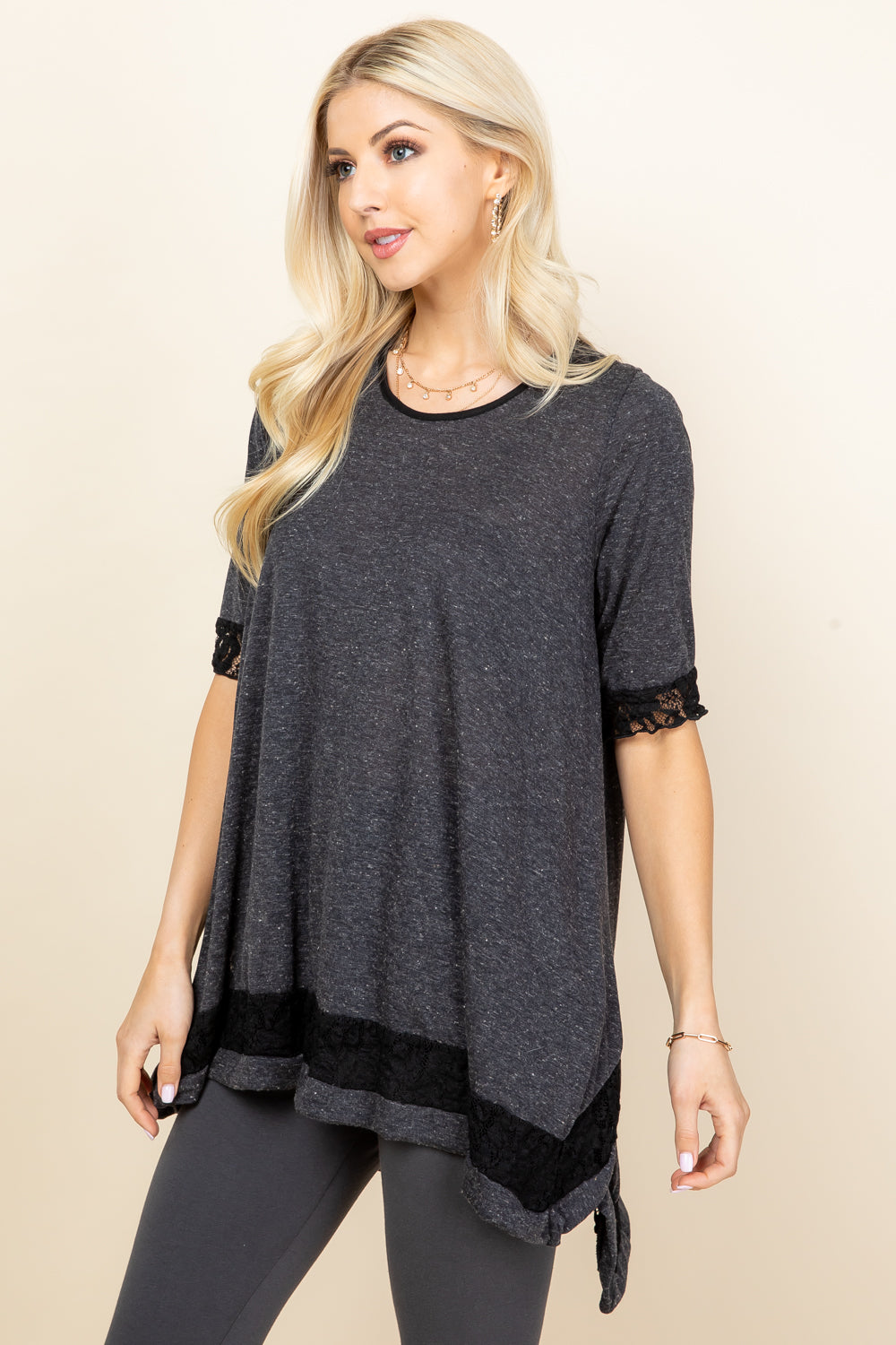 Lace Trim Tunic Top - Dark Heather