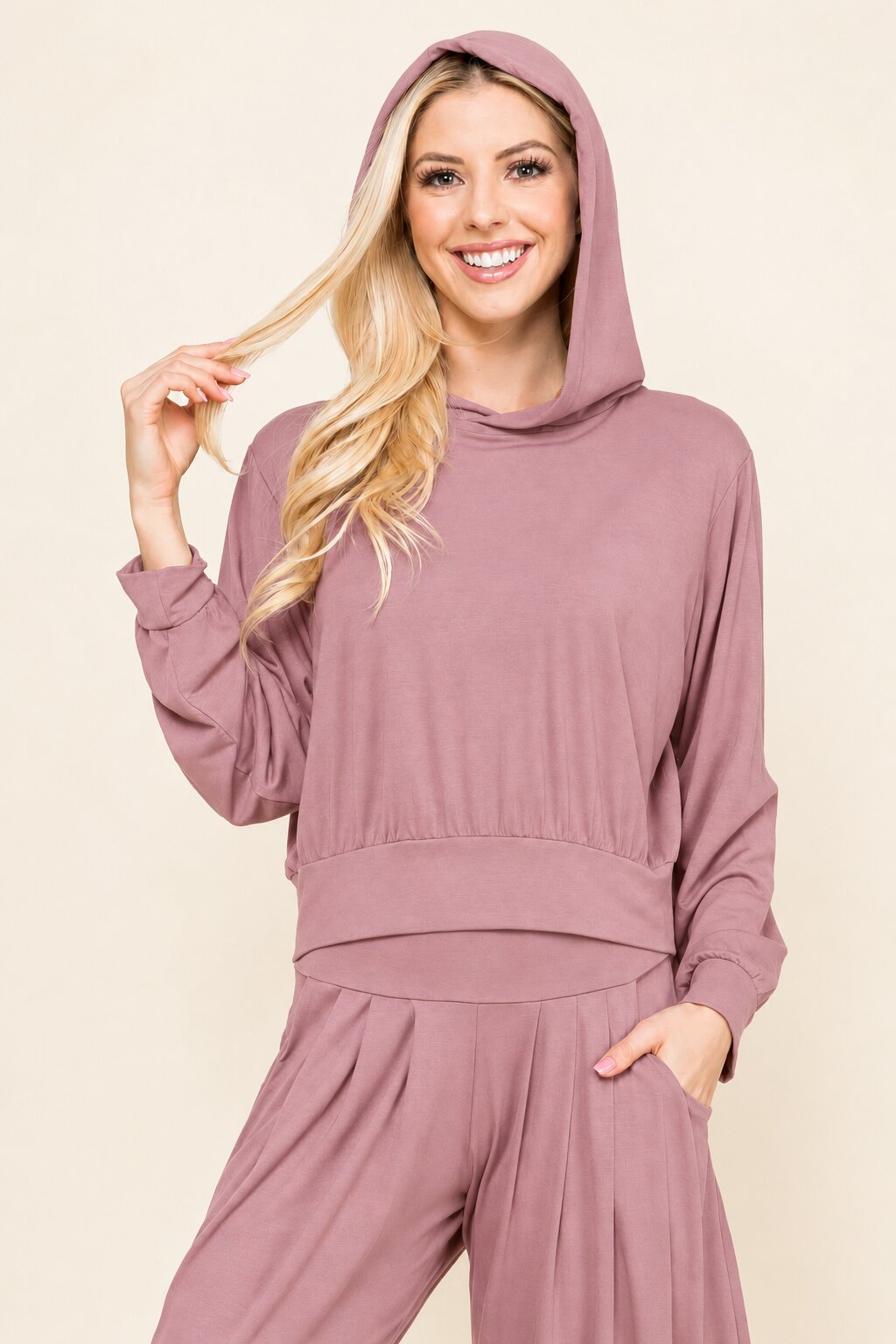 Mauve Cropped Hoodie With Hood