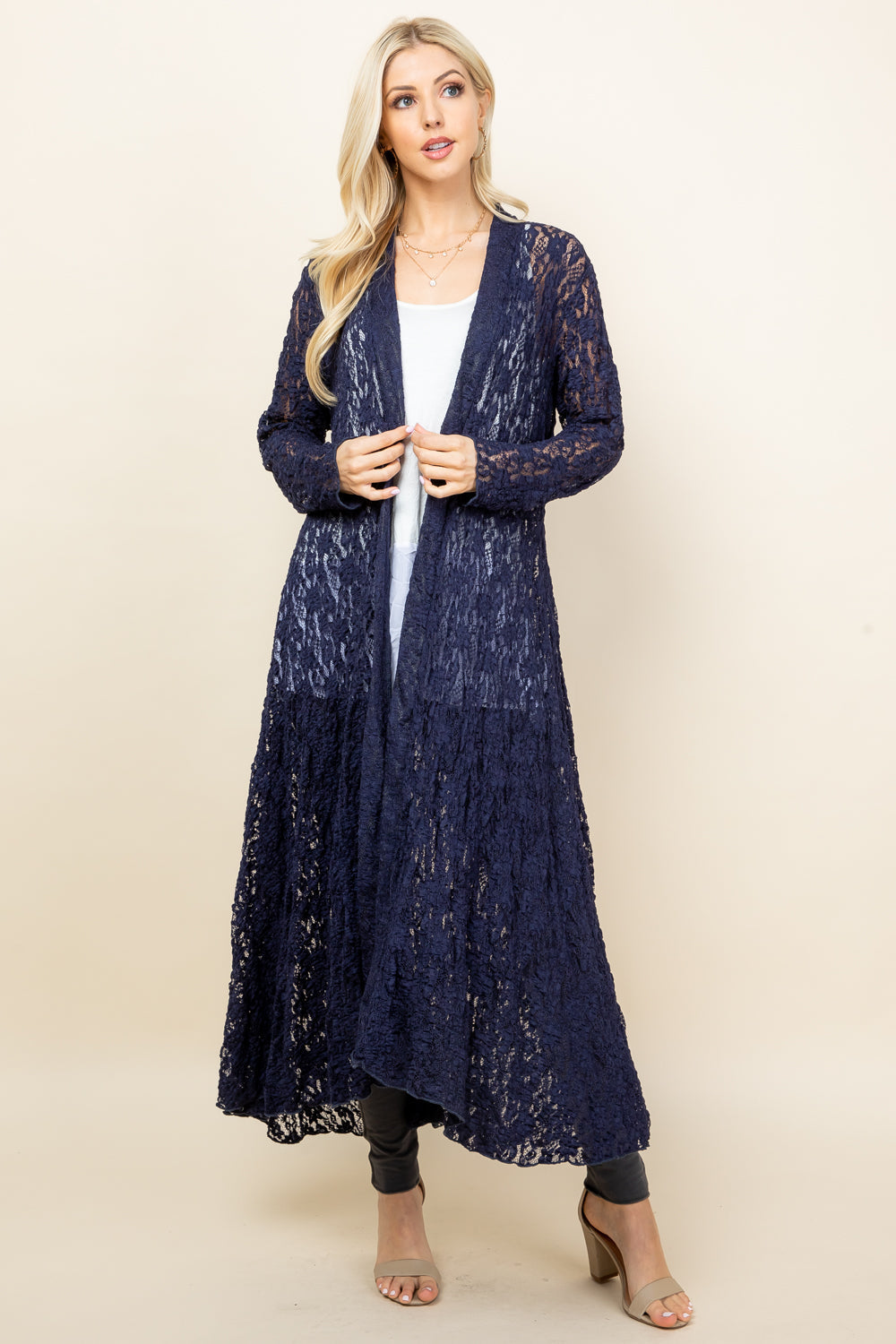 Pucker Lace Long Jacket - Navy Blue