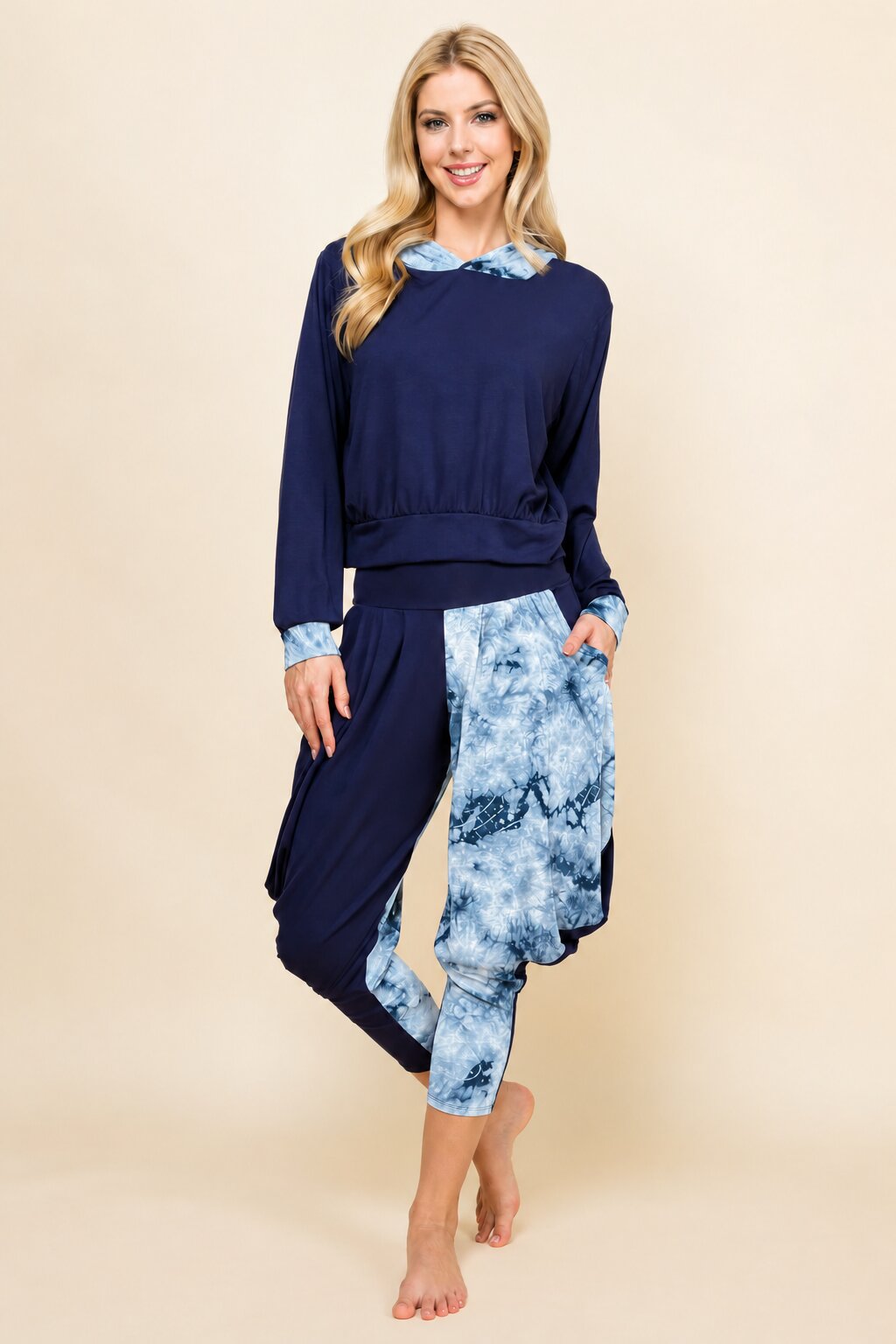 Navy Cloud Patchwork Cropped Hoodie – Soft Lounge Hoodie for Women | Made in USA