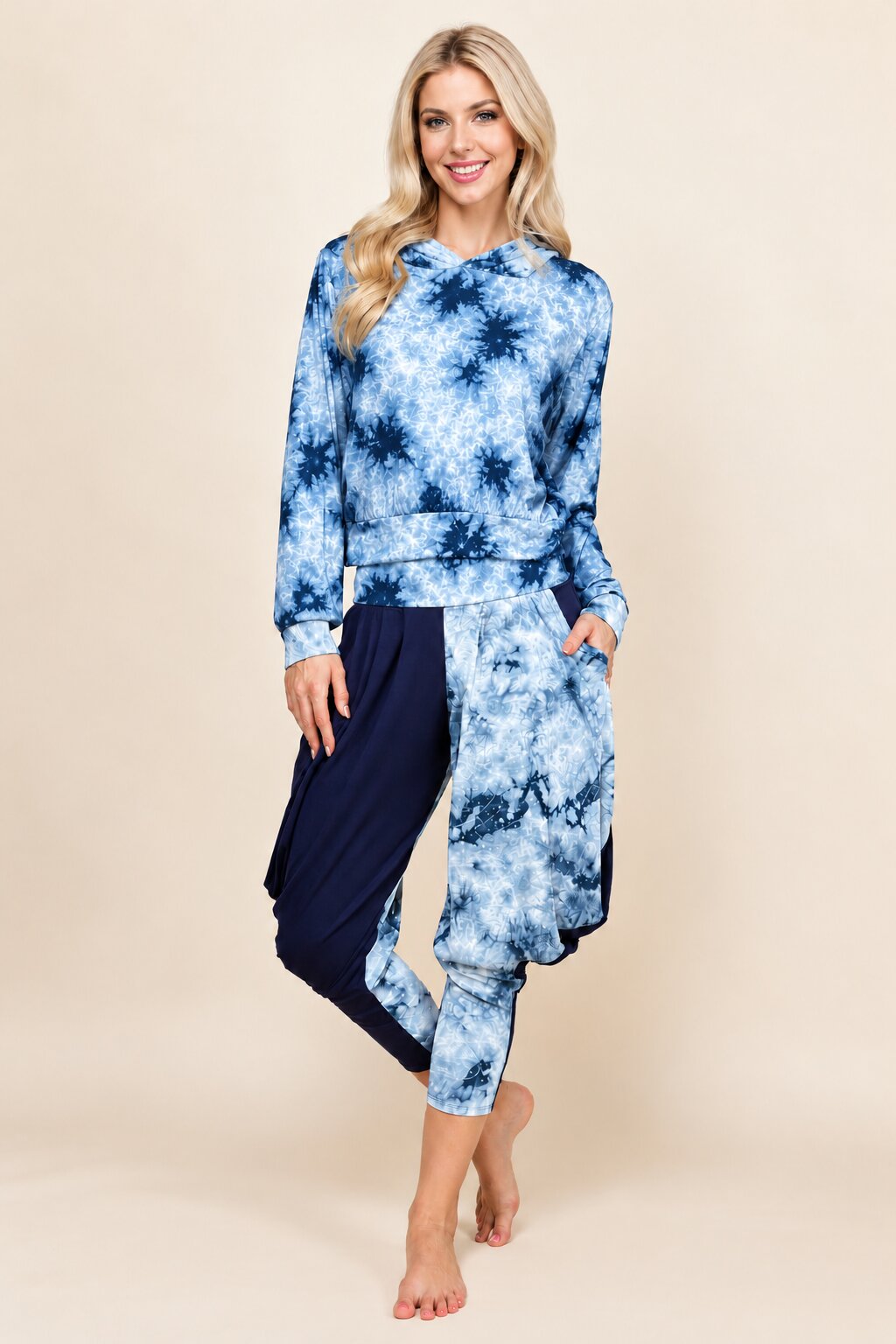 Navy Cloud Tie-Dye Cropped Hoodie – Soft Lounge Hoodie for Women | Made in USA