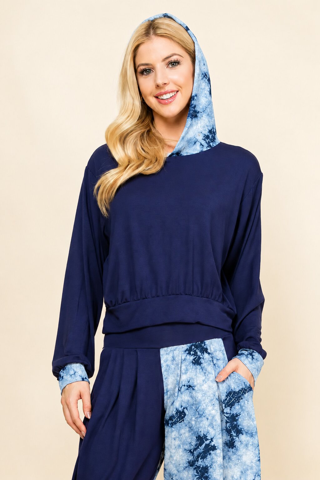 Navy Cloud Patchwork Cropped Hoodie – Soft Lounge Hoodie for Women | Made in USA