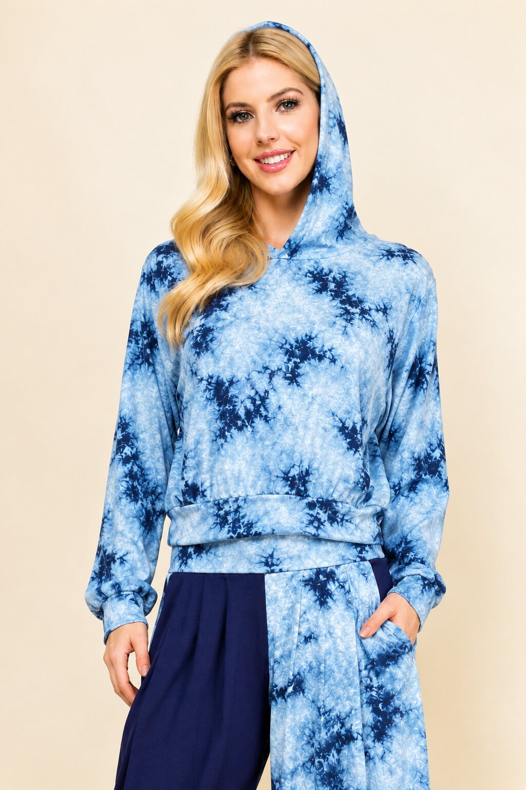 Navy Cloud Tie-Dye Cropped Hoodie – Soft Lounge Hoodie for Women | Made in USA