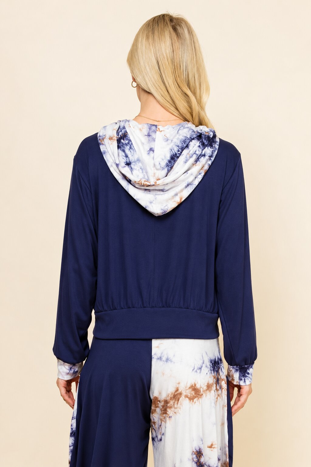 Navy Tie-Dye Patchwork Cropped Hoodie – Soft Lounge Hoodie for Women | Made in USA