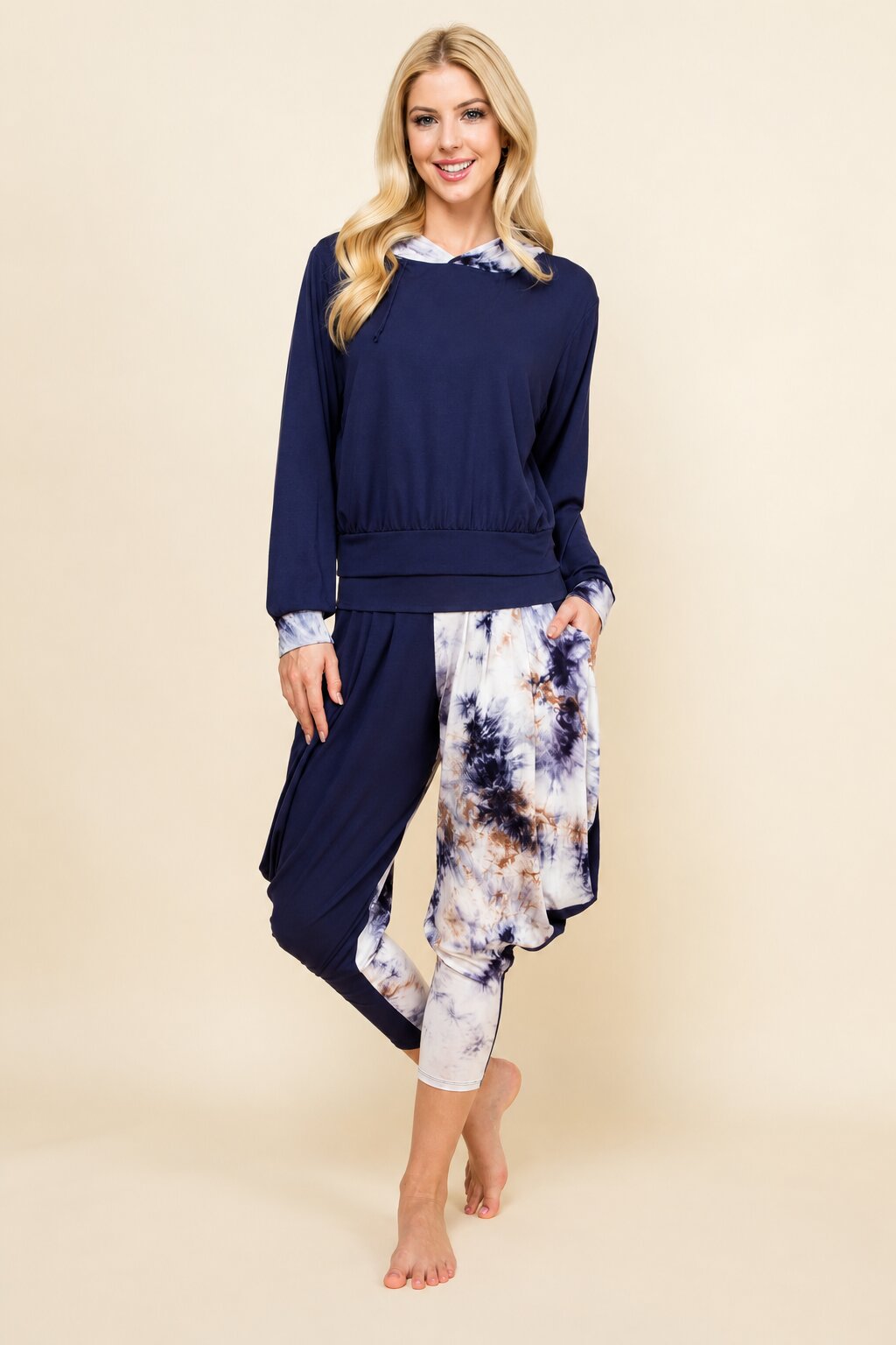 Navy Tie-Dye Patchwork Cropped Hoodie – Soft Lounge Hoodie for Women | Made in USA