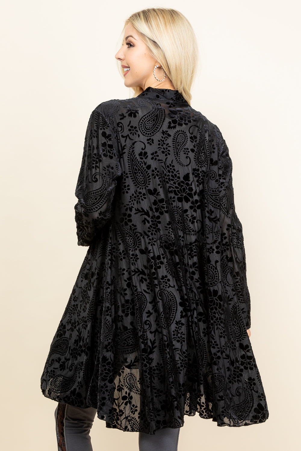 Side view of black velvet paisley jacket – relaxed boho outerwear, made in Los Angeles