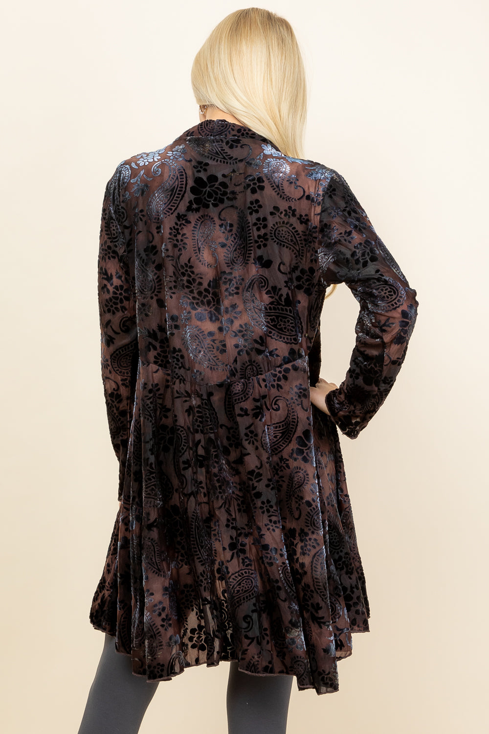 Back view of brown velvet paisley jacket – handcrafted boho outerwear, made in USA