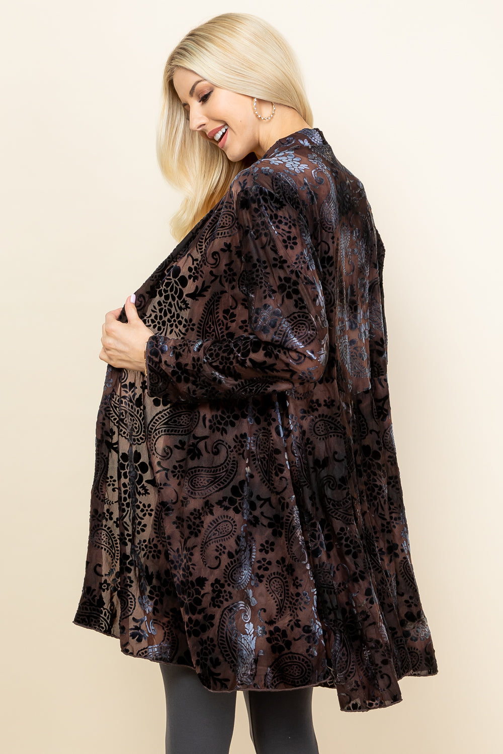 Side view of brown velvet paisley jacket – relaxed boho outerwear, made in Los Angeles
