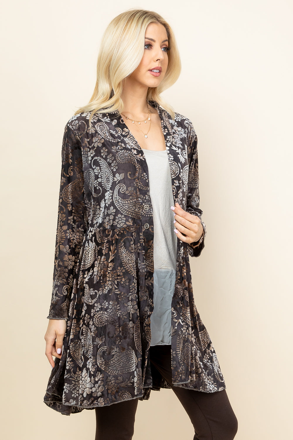 Side view of charcoal velvet paisley jacket – relaxed boho outerwear, made in Los Angeles