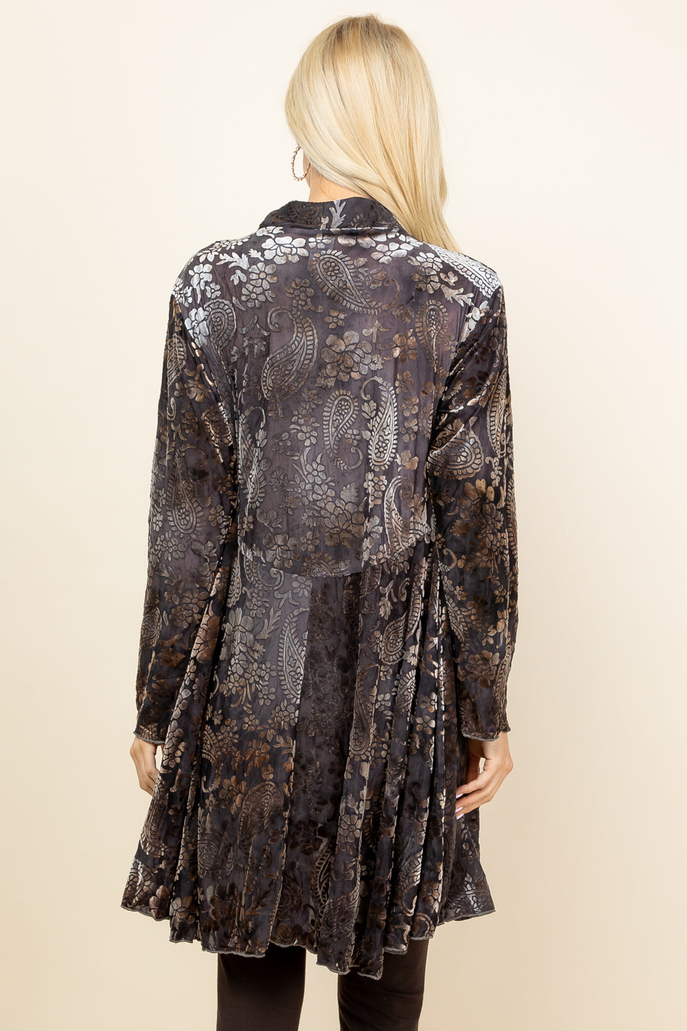 Back view of charcoal velvet paisley jacket – handcrafted boho outerwear, made in USA