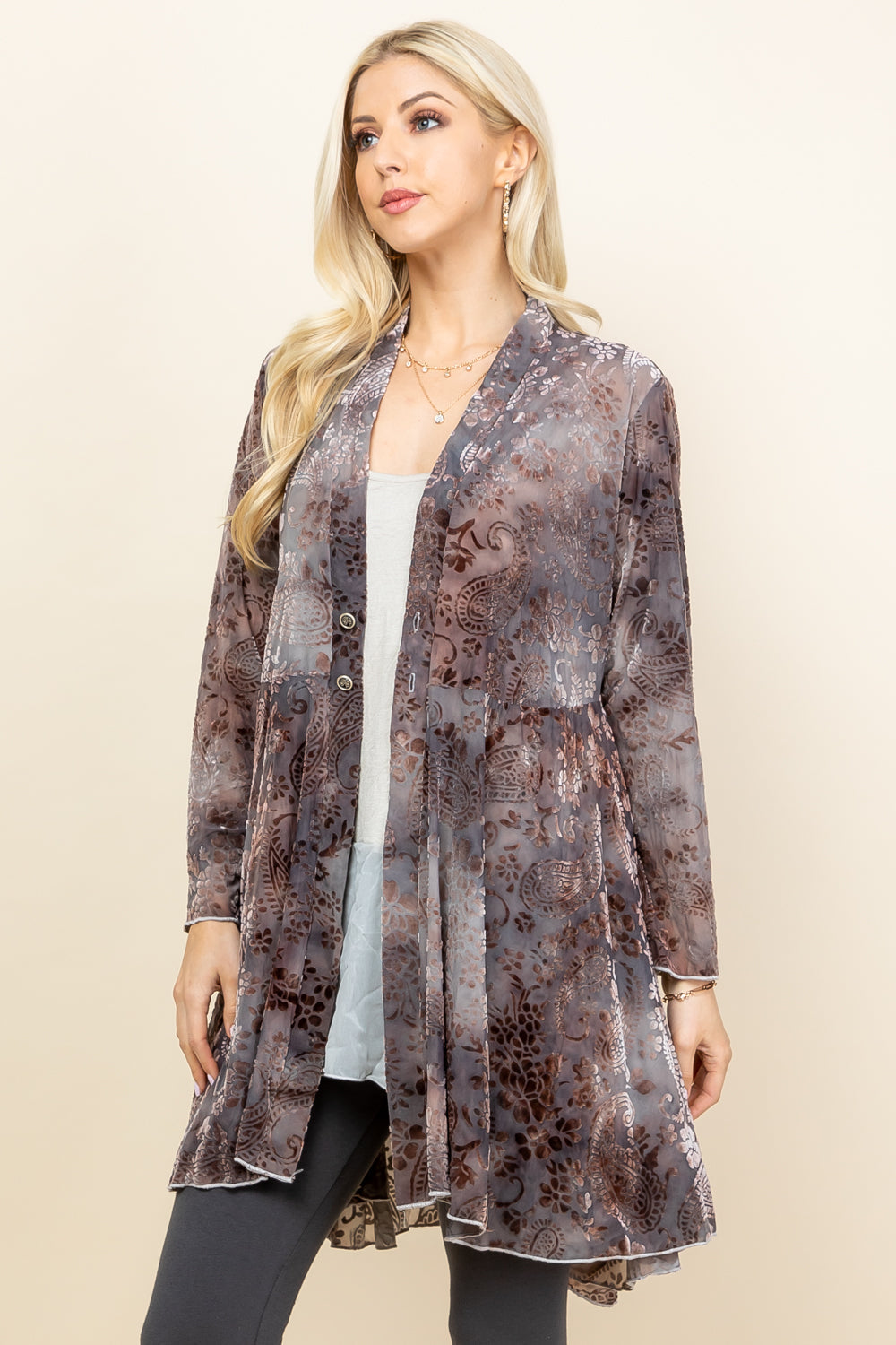 Back view of light grey velvet paisley jacket – handcrafted boho outerwear, made in USA