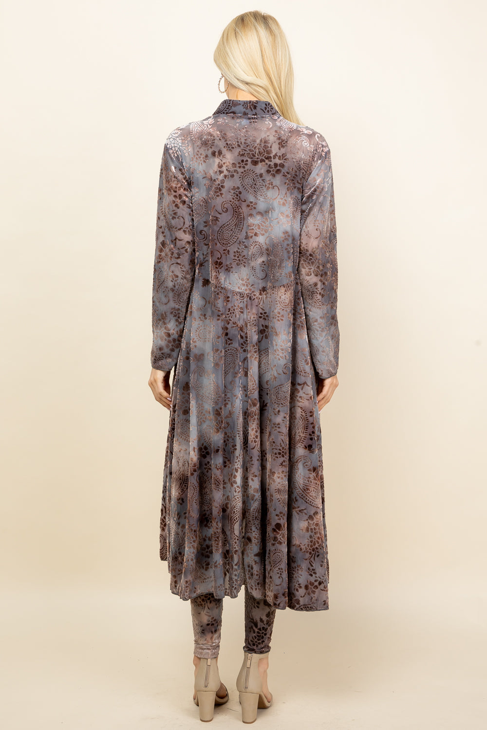 Back view of light grey long velvet paisley jacket – handcrafted boho duster, made in USA