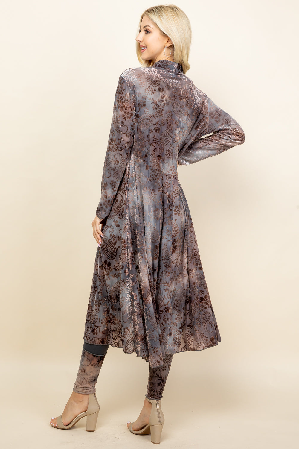Side view of light grey long paisley velvet jacket – relaxed fit, made in Los Angeles