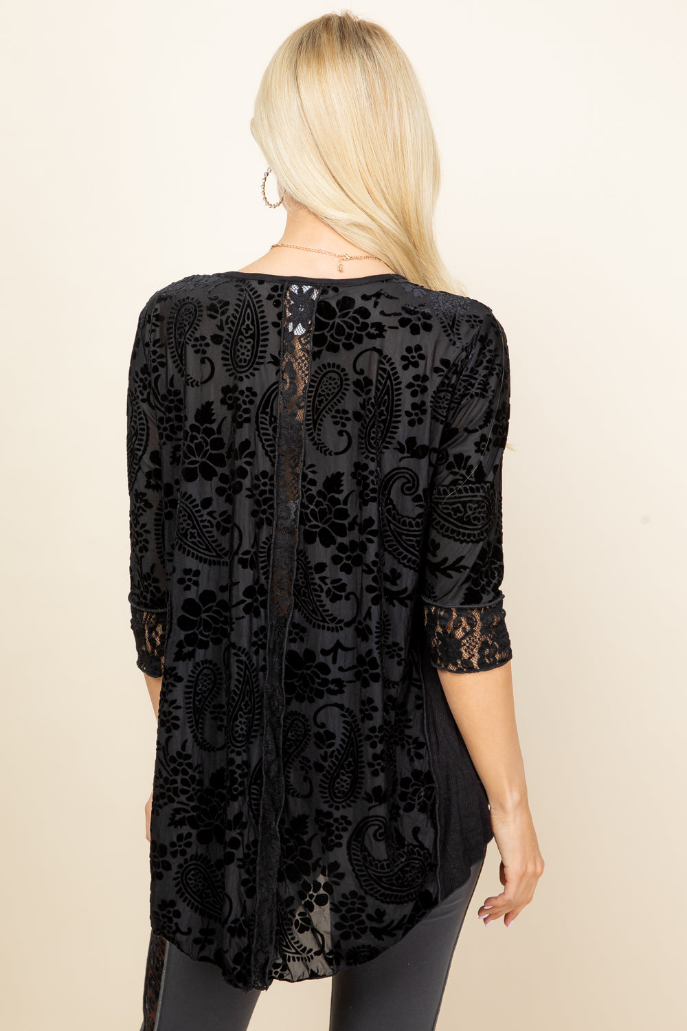 Back view of black velvet patchwork tunic – handmade boho top, made in Los Angeles